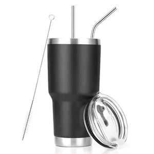 30 oz wholesale polishing black stainless steel double wall vacuum insulated tumbler with straw