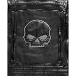 Chaqueta de Motociclista de Cuero Vacuno Genuino para Hombre con Aplique de Calavera en Relieve, Manga Larga, Resistente al Viento - Product Image 1