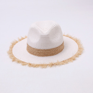 <span class=keywords><strong>Sombrero</strong></span> Panamá de Ala Ancha con Borde Deshilachado, Bloques de Color, Estilo Vintage, para Playa, Viajes, Fotos, Protección Solar de Verano, <span class=keywords><strong>Sombrero</strong></span> Fedora - Product Image 1