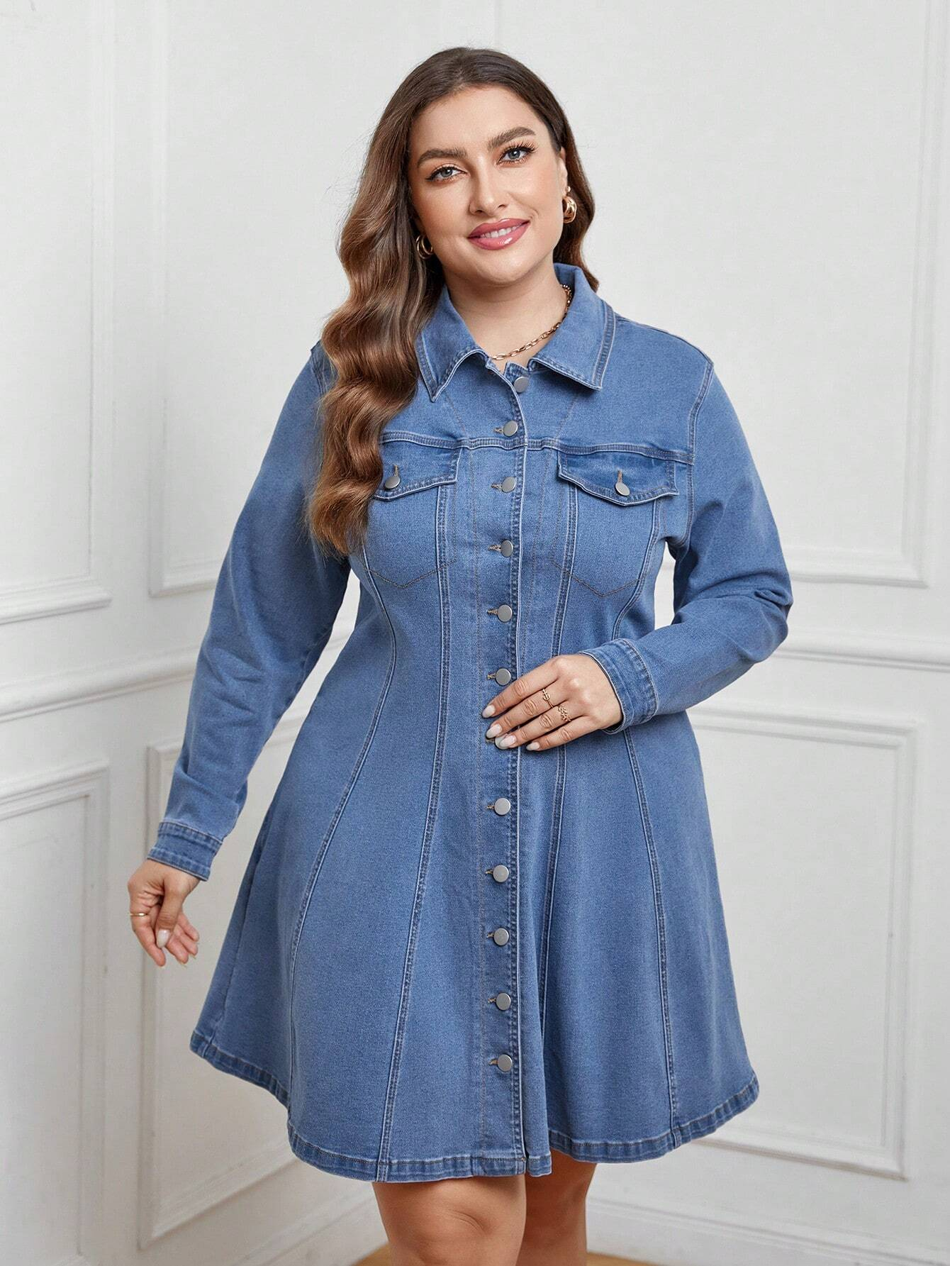 knee length dresses for ladies Blue Plus Size Long Sleeve Elastic Bodycon Slim Fit Midi Denim Dress