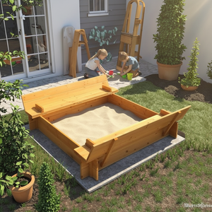 SHUNDA SDSB001, maison de jeu en bois carrée rouge clair pour enfants, bac à sable avec couvercle pour les jeux des enfants, unisexe - Product Image 1