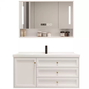 Meuble-lavabo mural moderne en bois massif avec miroir LED intelligent anti-buée et bande lumineuse, étanche - Product Image 1