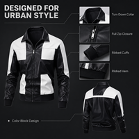 Veste en cuir PU personnalisée pour homme, color block, col rabattu, fermeture éclair avant, coupe régulière, streetwear urbain, vente en gros, stock disponible