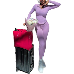 ชุดเซ็ตสองชิ้นแฟชั่นสำหรับผู้หญิง เสื้อแขนยาวคอตั้งแบบซิป สีพื้น ทรงเข้ารูป พร้อมกางเกงออกกำลังกาย - Product Image 4