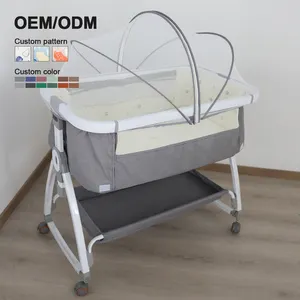 3 in 1 조절 가능한 높이 Co 슬리퍼 보관 바구니와 바퀴가있는 신생아 아기 요람 침대 옆 침대 옆 침대