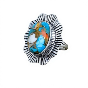 Bague de mariage pour femme en argent sterling 925 massif de qualité supérieure, sertie d'une coquille d'huître barbelée naturelle ovale de 10x14mm, style Navajo, pour soirée - Product Image 1