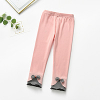 Leggings en coton tricoté pour filles, avec bordure pied-de-poule et nœud, taille haute élastique, coupe ajustée, décontractés pour le quotidien, pour jeunes enfants