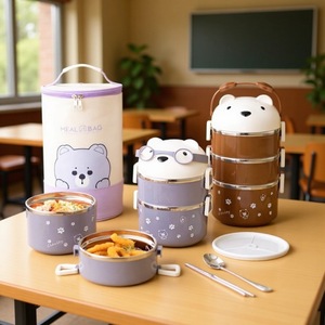 Cartoon Bear Bento <b>Box</b> Stainless Steel <b>Lunch</b> <b>Box</b> With Compartments Leak Proof Deepened Student Meal Container - Product Image 2