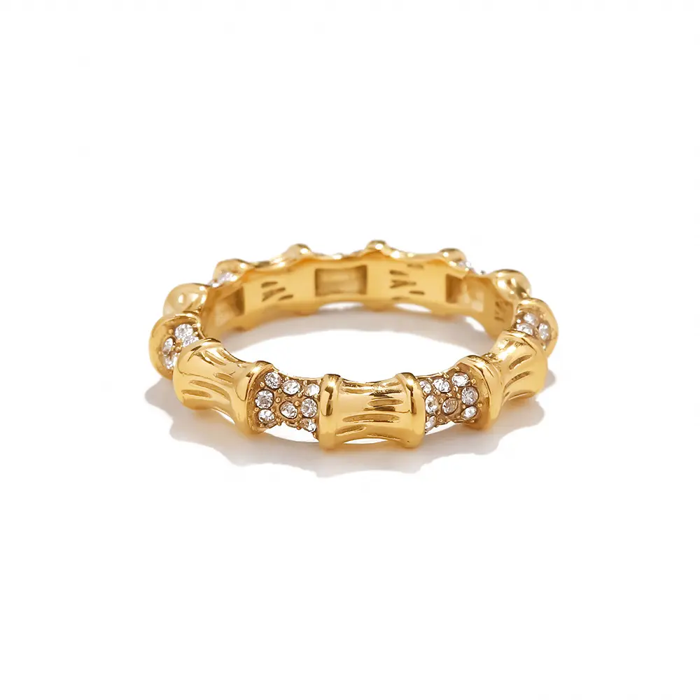 Groothandel 18K Aanslag Vergulde Rvs Sieraden Dainty Bamboe Ongelijke Ontwerp Fashion Diamanten Ringen Voor Vrouwen Sieraden