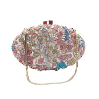 Pochette de soirée de luxe pour femme, ornée de strass colorés, avec cadre métallique or rose ajouré, motif aigle forestier et minaudière en cristal