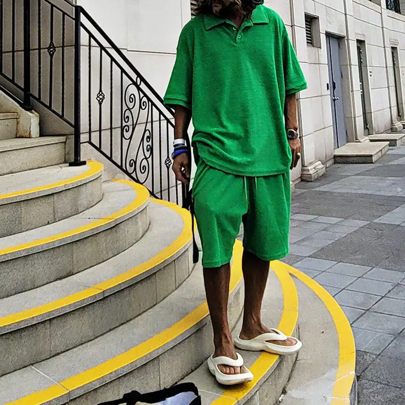 Heren Korte Mouw 2 Delige Traditionele Kleding Set Groene Zomer Polo Shirt Pak 2 Delige Set Casual