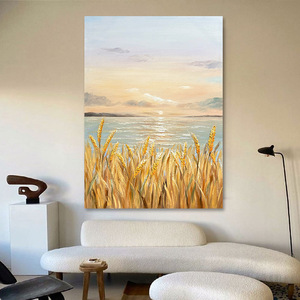 Peinture à l'huile peinte à la main, champ de blé doré, paysage marin, décoration minimaliste moderne pour salon, art mural de grande taille sans cadre - Product Image 4