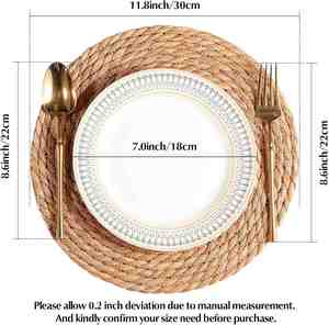 Natural Water Hyacinth Boho Rattan <b>Placemats</b> 12 Inch 13 Inch Woven Braided Wicker <b>Table</b> Mats Rustic Farmhouse Weave <b>for</b> Dining - Product Image 2