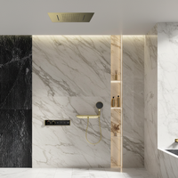 Système de douche mural contemporain en laiton poli, mitigeur monocommande, finition céramique noir mat, pommeau de douche pluie encastré, massage, pour hôtel