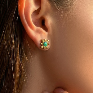 Vintage Beaded Border Synthetic Green <b>Opal</b> Sunflower Stud <b>Earrings</b> - Product Image 2