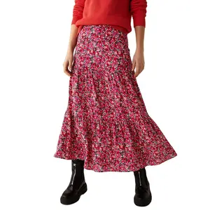 New Design Women's Casual High Elastic Waistband Summer Umbrella Style Ruffle Cake Skirt Printed Tiered Midi Skirt For Ladies