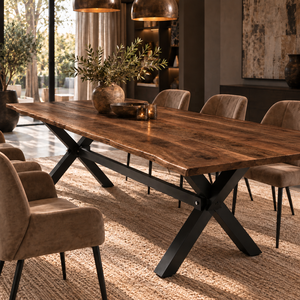 Table à manger moderne en bois massif avec bord naturel, pieds en métal en forme de X, plateau rectangulaire, mobilier de salle à manger pour 4 personnes, pour la maison et la cuisine - Product Image 5