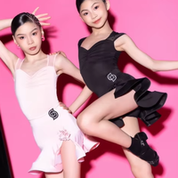 2025 noir jupe latine manches courtes respirant jarretelle salle de bal col en V Tango Salsa danse Costume jupe costume pour enfants