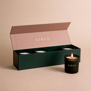 Ensemble cadeau de quatre bougies parfumées en verre noir Aikun avec boîte de présentation rigide, logo personnalisé OEM ODM pour cadeaux d'entreprise - Product Image 1