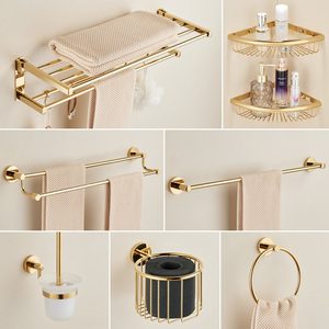 Ensemble de porte-serviettes mural pliable en cuivre doré standard avec porte-papier toilette et étagère d'angle pour salle de bain - Product Image 1
