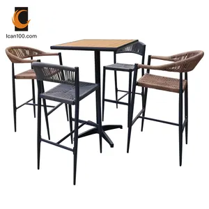 Rattan Furniture Set Outdoor Bar Furniture Garden Wood Table And Rope Bar Chairs Outdoor Patio Set Furniture