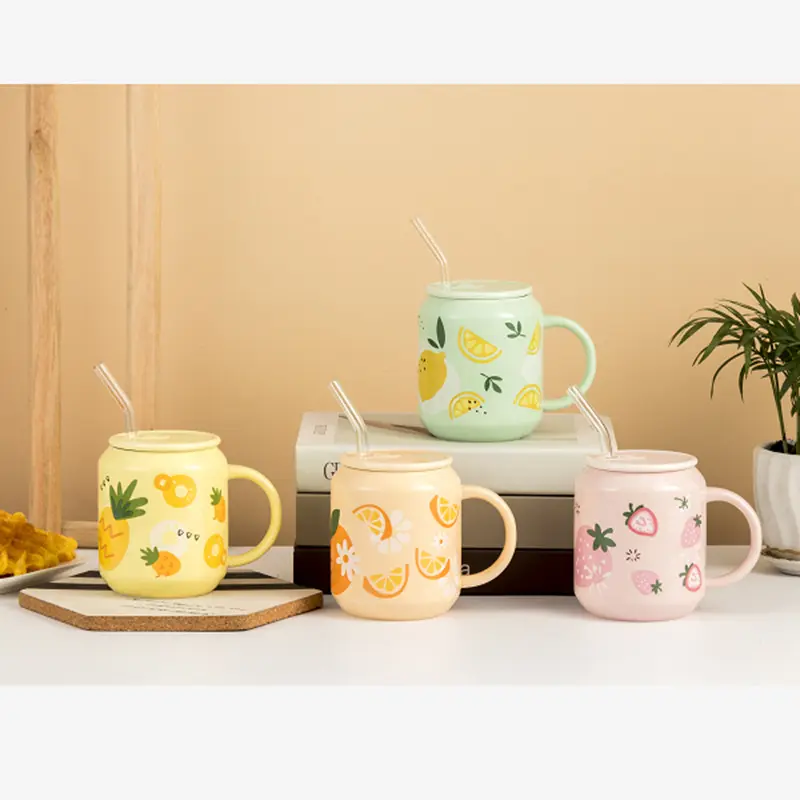 Newest design Glass straw Ceramic ring-pull can mug 2022 cute fruit orange strawberry pineapple Lemon ceramic beer mug cup