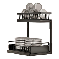 Organisateur et support de rangement noir à 2 niveaux réglable en métal transparent pour sous-évier de salle de bain, panier coulissant antirouille pour épices