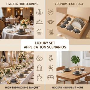 Vajilla de Cerámica de Lujo Nórdica con Borde Dorado, Vajilla de Porcelana Acanalada <span class=keywords><strong>para</strong></span> Restaurante, Hotel, Boda, Comedor Moderno - Product Image 4