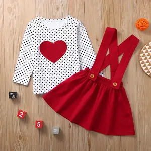 Anak-anak 2021 Bayi Gadis Valentine Set Pakaian Berbentuk Hati Atasan Lengan Panjang Suspender Rok Musim Semi Balita Gadis Pakaian Set