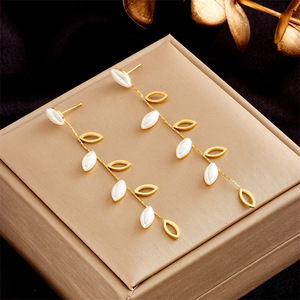 Edelstahl Perlen-Quasten-Ohrhänger für Damen Mode Mädchen Lange Weidenblätter Ohrschmuck Geburtstagsgeschenke Ohrringe (ES274) - Product Image 1