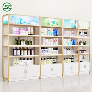 Estantería de Exhibición para Minoristas con Acabado en Madera Blanca y Paneles Luminosos para Tiendas de Cosméticos - Product Image 3