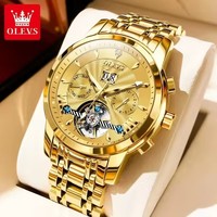 Montre automatique mécanique pour homme Olevs 9965, montre-bracelet de luxe, cadran squelette, étanche, logo personnalisé, montre-bracelet dorée et bleue pour homme