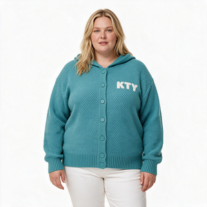 Cardigan in Maglia Personalizzato per <span class=keywords><strong>Donna</strong></span>, Filato Core Spun, Bottoni Frontali, Cappuccio, Maglione a Nido d'Ape con Motivo in Ciniglia - Product Image 1