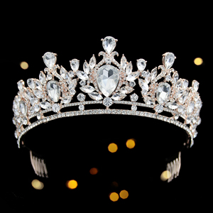 Diadema da sposa con zirconi cubici corona della regina reale e diademi in oro rosa con pettine per la sposa - Product Image 1