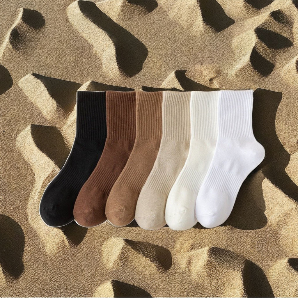 Wholesale Unisex Cotton Crew Socks Men's Casual Quality Brown White Solid Color Ribbed Design Breathable for Summer Bottom Body