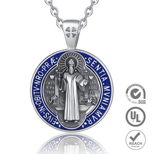Merryshine 925ของผู้ชายเงินสเตอร์ลิงสีฟ้าเคลือบฟัน3D จี้ศาสนานักบุญเบเนดิกต์เหรียญสร้อยคอไข่มุกทอง - Product Image 2