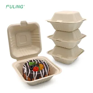 FULING Compostable menteşeli konteynerler gitmek için 6 inç biyobozunur sandviç Burger kutusu tek kullanımlık Bagasse tatlı kutusu çıkar