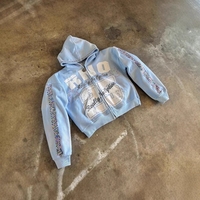 Sudadera con capucha OEM 3XL con cremallera, pedrería y purpurina, 400GSM, de algodón 100% de alta calidad, azul, de forro polar, corte y confección, para hombre.