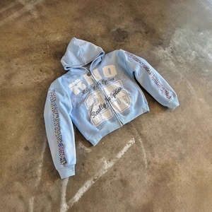 OEM 3XL <strong>Zip</strong> <strong>up</strong> Custom Rhinestone Glitter 400GSM Big Hood Heavyweight 100% Cotton Blue Fleece Cut Sew <strong>Men</strong> High Quality - Product Image 1