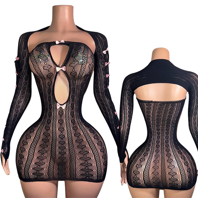 W.E. Fishnet Dress or Romper and Shawl Set with Bows Ballroom Dancewear Rhinestone Spandex/Nylon Outfit