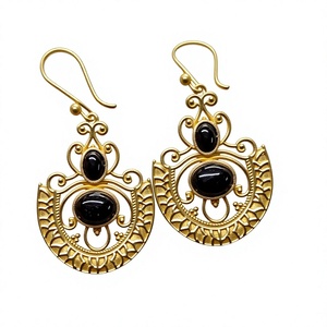 Pendientes de Aro de Latón con Piedra Natural para Mujer |   Pendientes de Ónix Negro con Cuentas y Baño de Oro, Pendientes de Piedras Preciosas Multicolores - Product Image 1