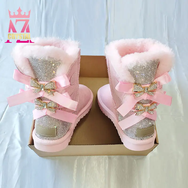 stylish bling furry winter warm waterproof fox sheepskin fur cover female snow boots for ladies womens and children baby kids