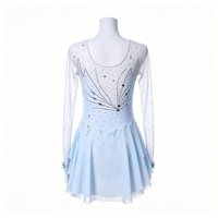 Robe de patinage artistique bleu clair pour enfants et adultes, en maille à manches longues avec strass, pour compétition et spectacle de patinage sur glace