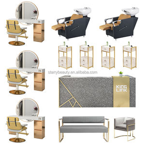 Mobilier de salon de beauté en bois doré avec logo personnalisé, <span class=keywords><strong>miroir</strong></span> LED étoilé, credenza et chaises de barbier - Product Image 6