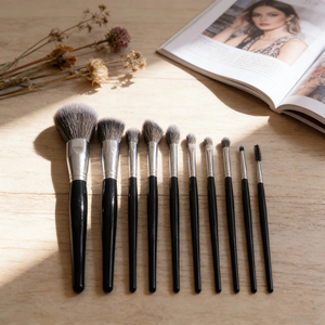 10-Piece Soft Synthetic Hair Cosmetic <b>Brush</b> Set Wood Handle Aluminum Ferrule Facial Powder Shaving Makeup <b>Brush</b> Kit - Product Image 2