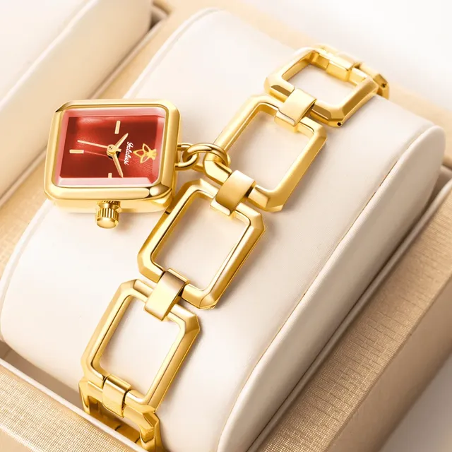 YaLaLuSi Fashion Waterproof Sports Watch Unisex Gold Chain Strap Analog Red Square Dial Quartz Wristwatch Free Shipping