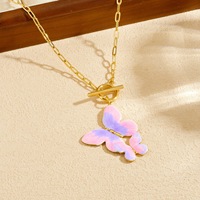 Collier Papillon en Acier Inoxydable Émaillé Rose et Violet, Ailes Aquarelle, Plaqué Or 18K PVD, Fermoir OT, Bijoux Inoxydables