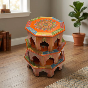 Traditional Hand-Painted Art Deco Wooden Bajot <b>Set</b> <b>of</b> <b>3</b> Round Low Stool <b>Nesting</b> <b>Tables</b> for Tabletop Home & Decor - Product Image 1