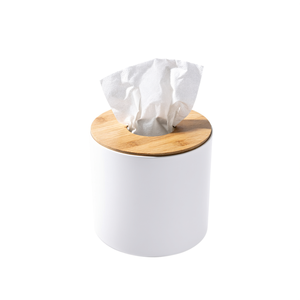 Round Bamboo Tissue Box White Ceramic With Wooden Lid For Daily Use - Product Image 2