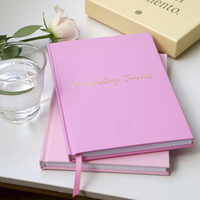 Carnet de gratitude et de manifestation A5 personnalisé avec logo, couverture rigide en lin rose, pour l'amélioration personnelle et la pleine conscience
